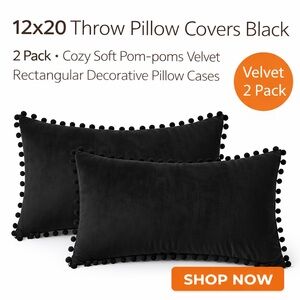 Black Velvet Throw Pillow Covers with Pom-poms - 2 Pack (20X12) 🖤